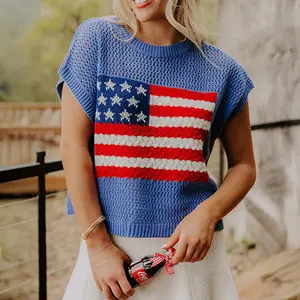 Women's Vintage USA Flag Knit Short Sleeve Top Casual Summer Outfit