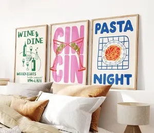 Set of 3 Print, Trendy Cin Cin Cheers Print, Retro Wine Poster, Pasta Night Food Print, Bar Cart Art Print, Maximalist Kitchen Print Art Set