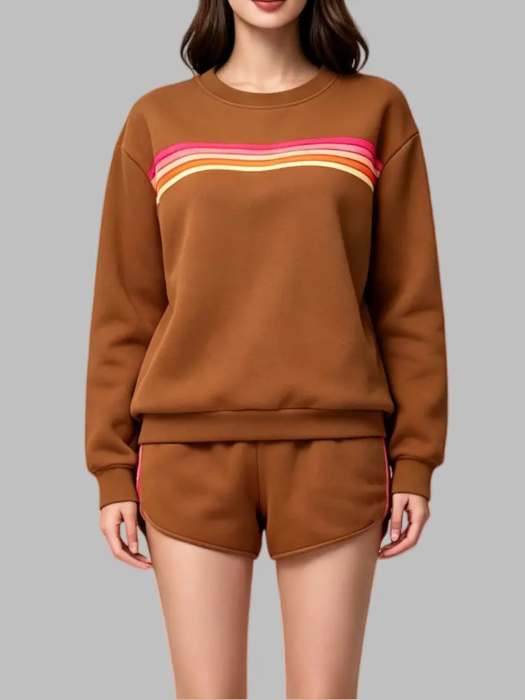 Women's Retro Rainbow Stripe 2-Piece Crewneck Sweatshirt & Shorts Set - 50% Cotton 50% Polyester, Soft, Breathable Casual Lounge Athletic Outfit for Daily Workout, Streetwear