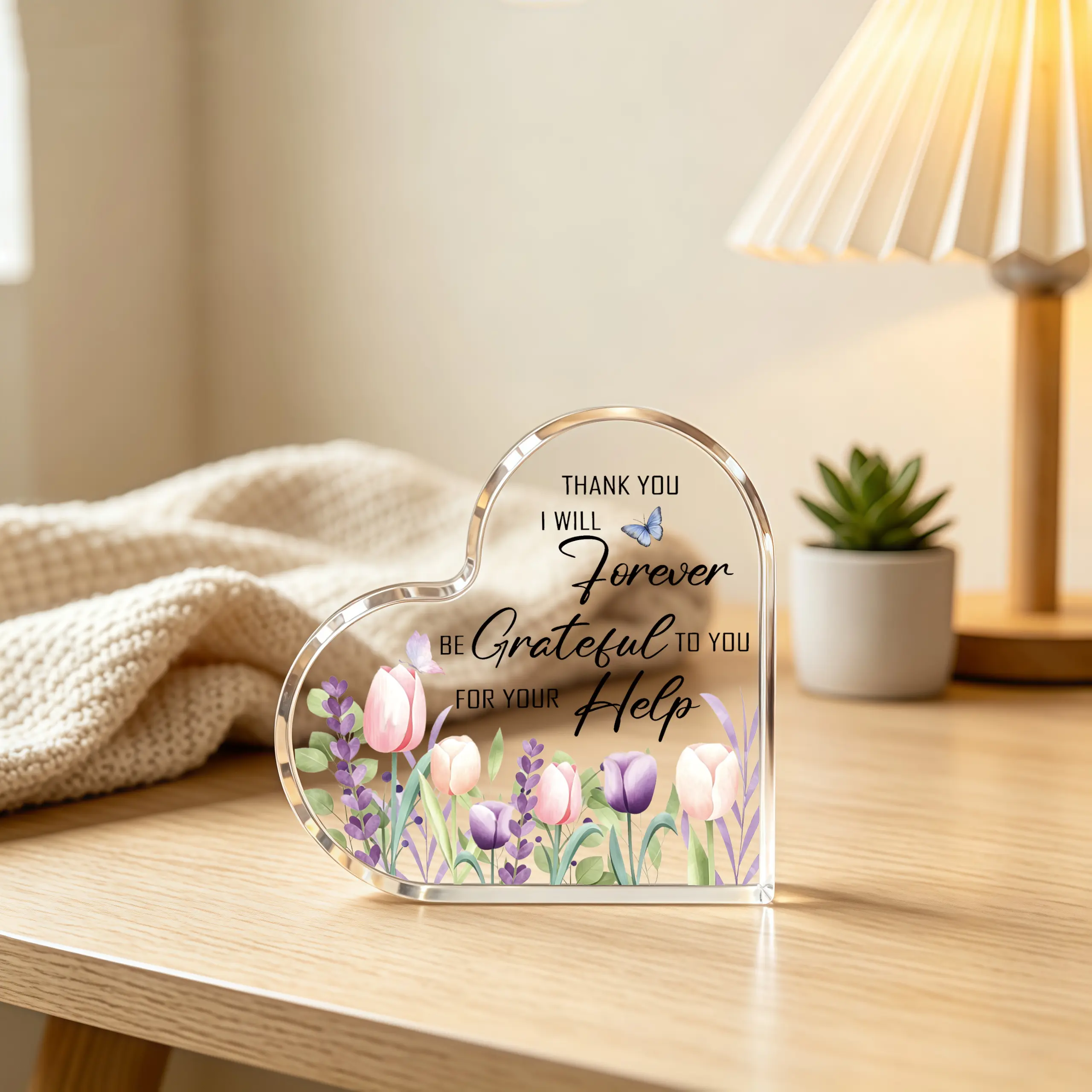 Flat 2D Heart-Shaped Acrylic Tabletop Plaque - Floral Tulip Lavender Butterfly Print "Thank You" Sign, Home Supplies Desk Decor Appreciation Gift for Colleagues Mentors
