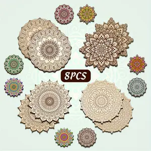 8 Pieces Large Unfinished Mandala Coloring Wooden Crafts Set, Creative Craft Painting Kit, High Quality Material, Clear Lines, Easy to Color, Craft Wooden Boards, Multifunctional for Manufacturing Wooden Ornaments
