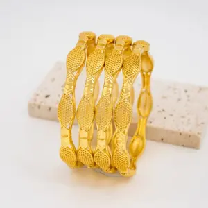 Ethnic Style Bamboo Leaf Openwork Bangle, 24K Gold Tone Copper Adjustable Bracelet, Wedding Jewelry Gift