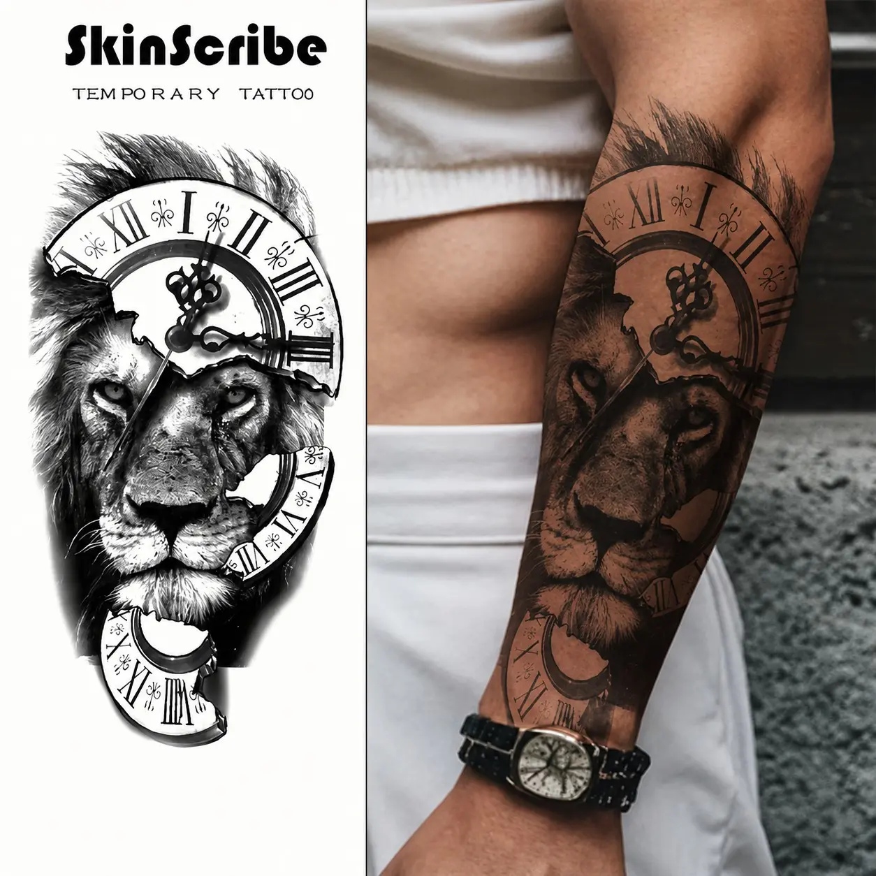 2 sheets Temporary ink Lion Clock Temporary Boho Tattoo Sticker for Men | Waterproof Realistic Fake Tattoo | Streetwear Body Art Arm Temporary Tattoos | Lasts 4-7 Days Teen Gym tattoos,TikTok trends tattoos