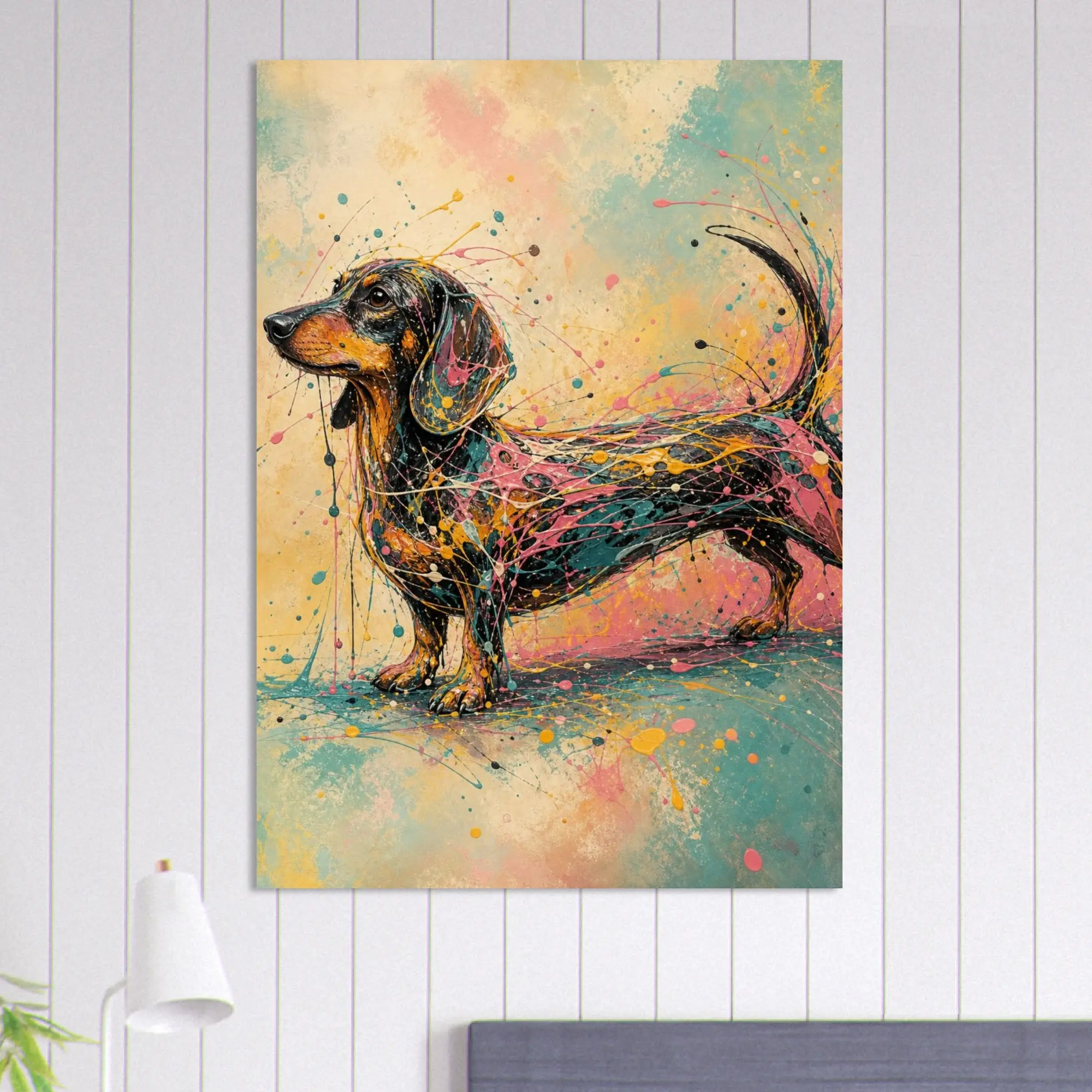 Long Dachshund Poster, Abstract Paint Drip Wiener Dog Art, Pollock Style Doxie Wall Decor