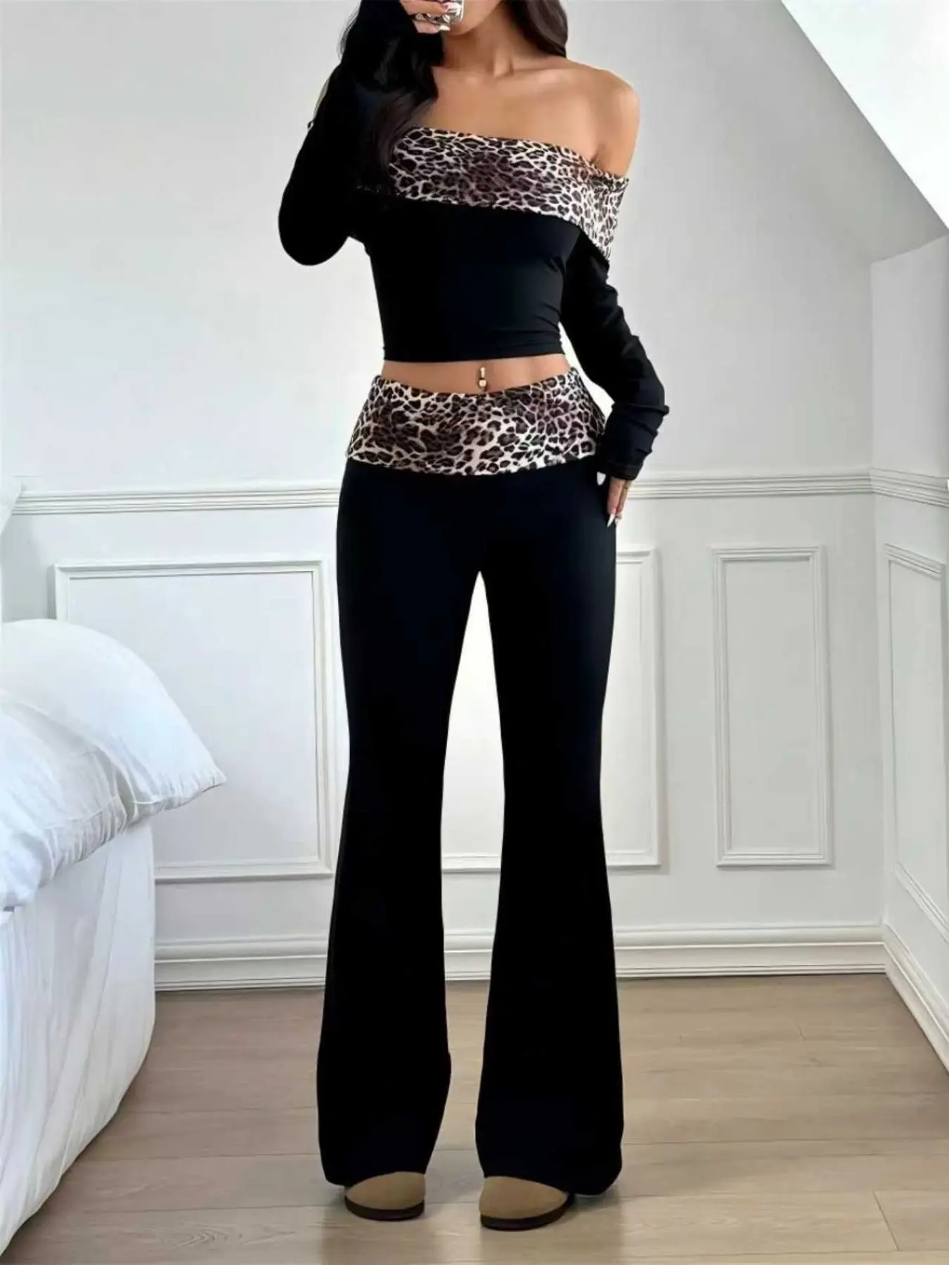 Women's Leopard Print Off-Shoulder Long Sleeve Top & Flared Pants Set, Fashionable Chic Style Two-Piece, Casual Wear, Womenswear