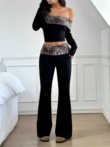 Women's Leopard Print Off-Shoulder Long Sleeve Top & Flare Pants Set, Fashionable Chic Two-Piece, Casual Wear