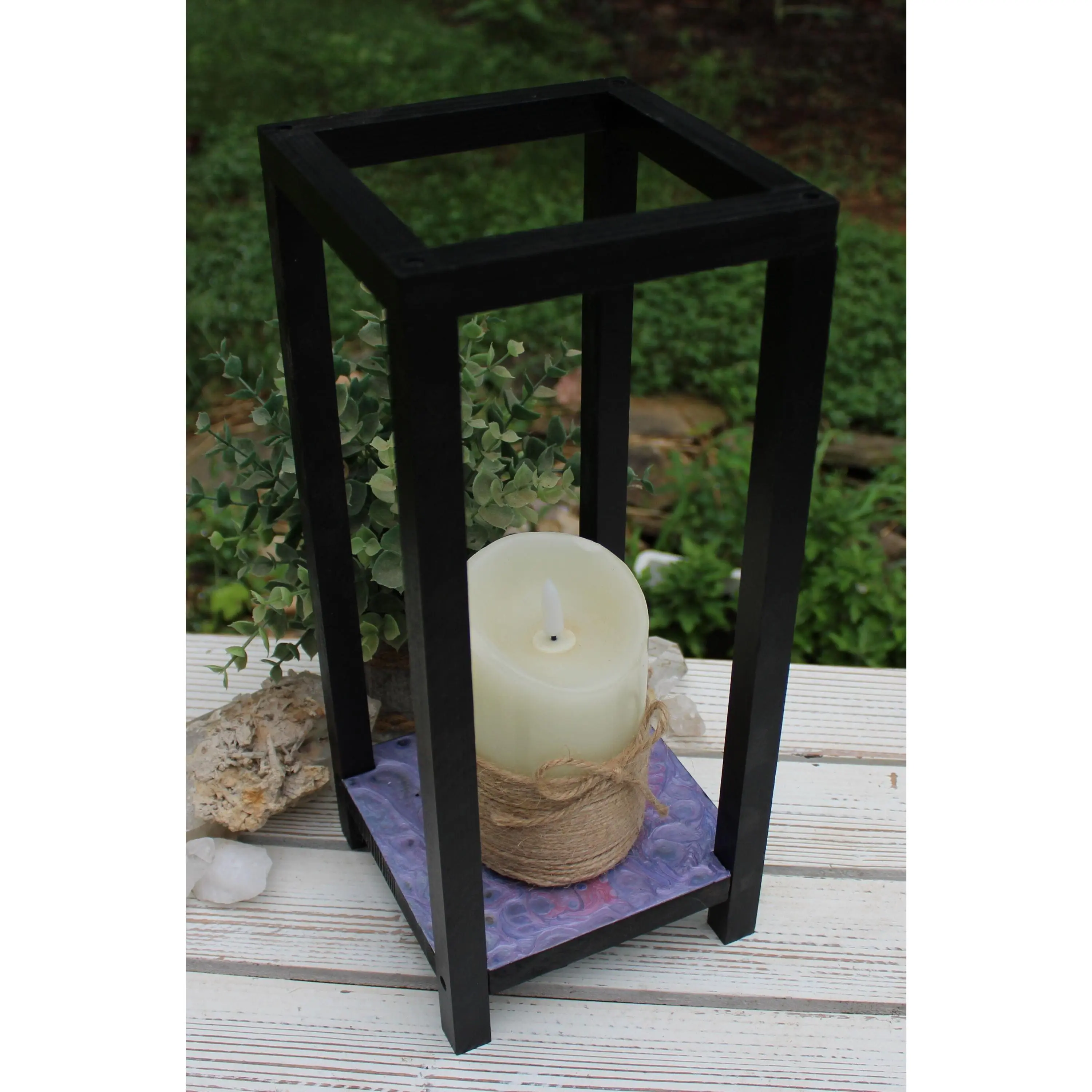Candle Holder Hand Painted , Lantern Wood with Acrylic Paint 13" x 5" x 5"
