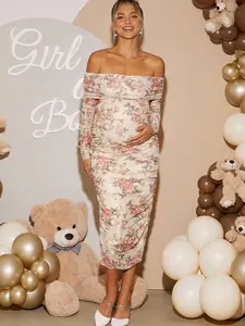 Pregnant Women's Floral Print Off Shoulder Ruched Fitted Dress,Gender Reveal Dress,Maternity Dress,Baby Shower Dress Babyshower Dress Maternity Pregnancy Photoshoot Dress Maternity Floral Dress Off Shoulder Maternity Dress