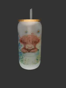 Highland Cow 16oz Glass Cup with Bamboo Lid and Straw