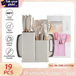 GalentinesDay Kitchen Utensils Set, 19pcs/set Including SiliconeCooking Utensils Set & Holder & Cutting Board,Non-stick Cookware Set, Modern CookingUtensils Set for Home Kitchen Black Wooden Spatulas Wooden Lid Spoon White Pink