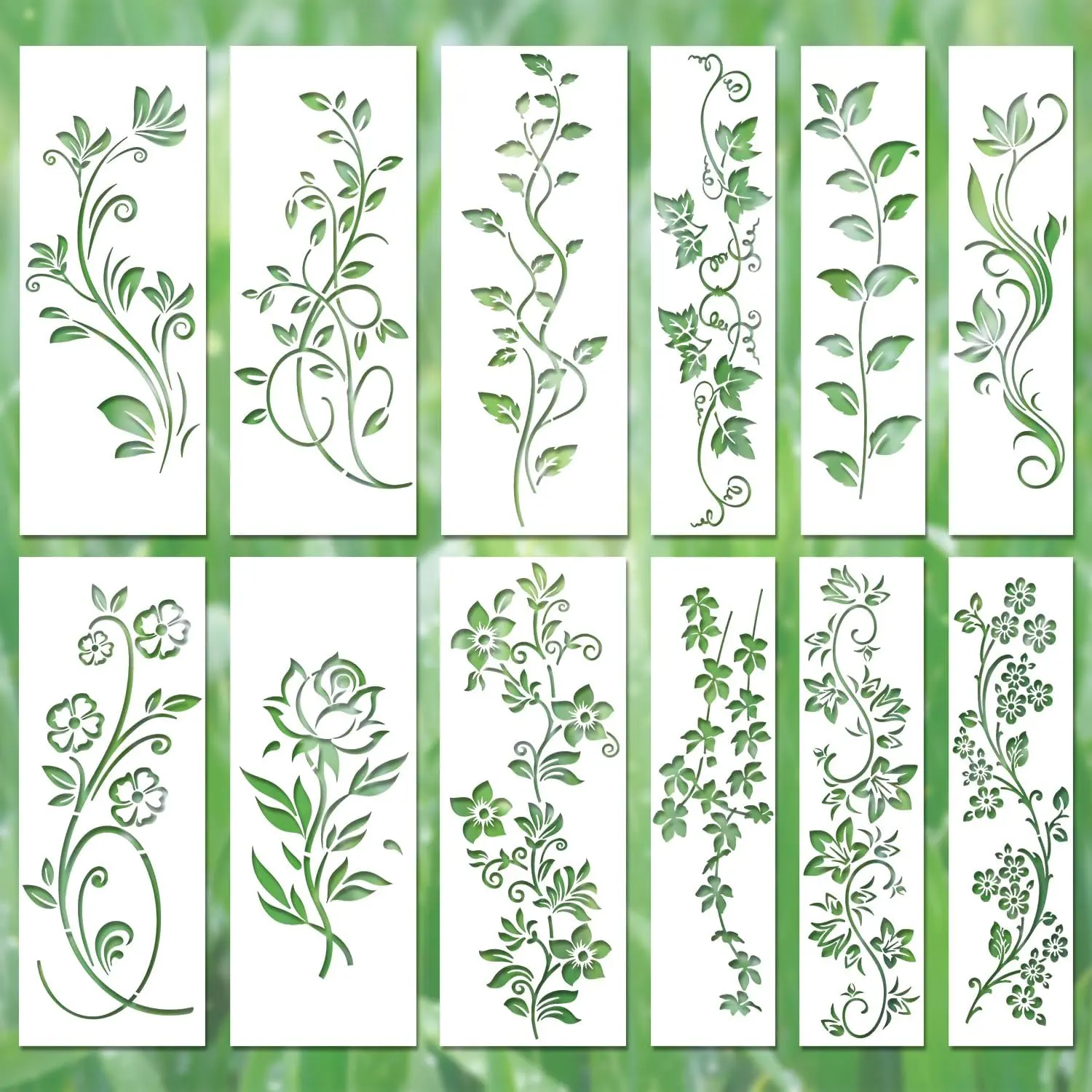 12pcs Reusable Leaf Vine Stencils - Leaves & Flower Drawing Templates, DIY Decal Film, Modern Spring DIY Scrapbooking & Wall Painting Kits