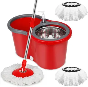Spin Mop and Bucket Set, Mop and Bucket with Wringer Set, 360°Spin Mop Kit with 2 Extra Microfiber Mop Replacement Heads, Spinning Mop Bucket System for Floor Cleaning (Red) BOP Products