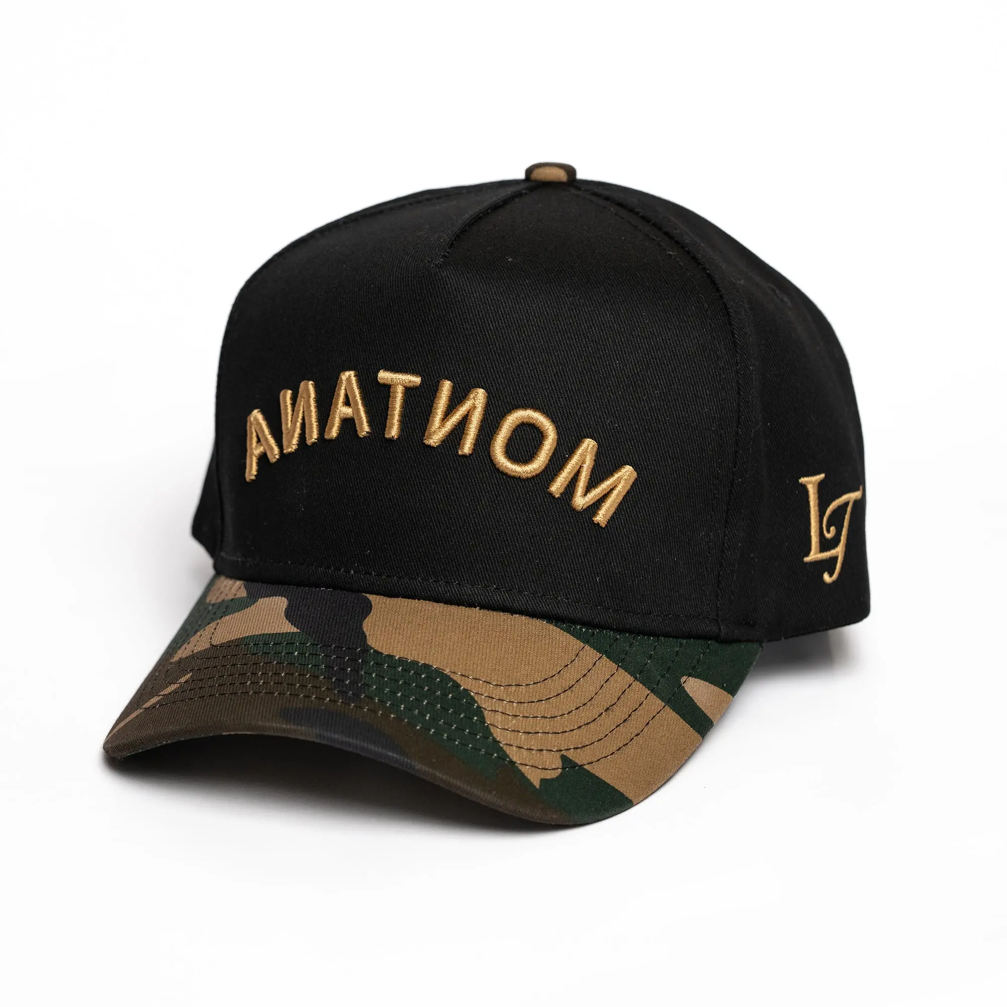 Montana Original Camo/Black Snapback Hat - Full Camo Bill, Slightly Pre-Curved, 5 Panel Structure, Adjustable Fit