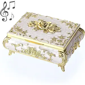 Music Box, Beige Metal Musical  Box Keepsake Box, Small Trinket  Storage Box  for Girl Women (Tune: You are My Sunshine)