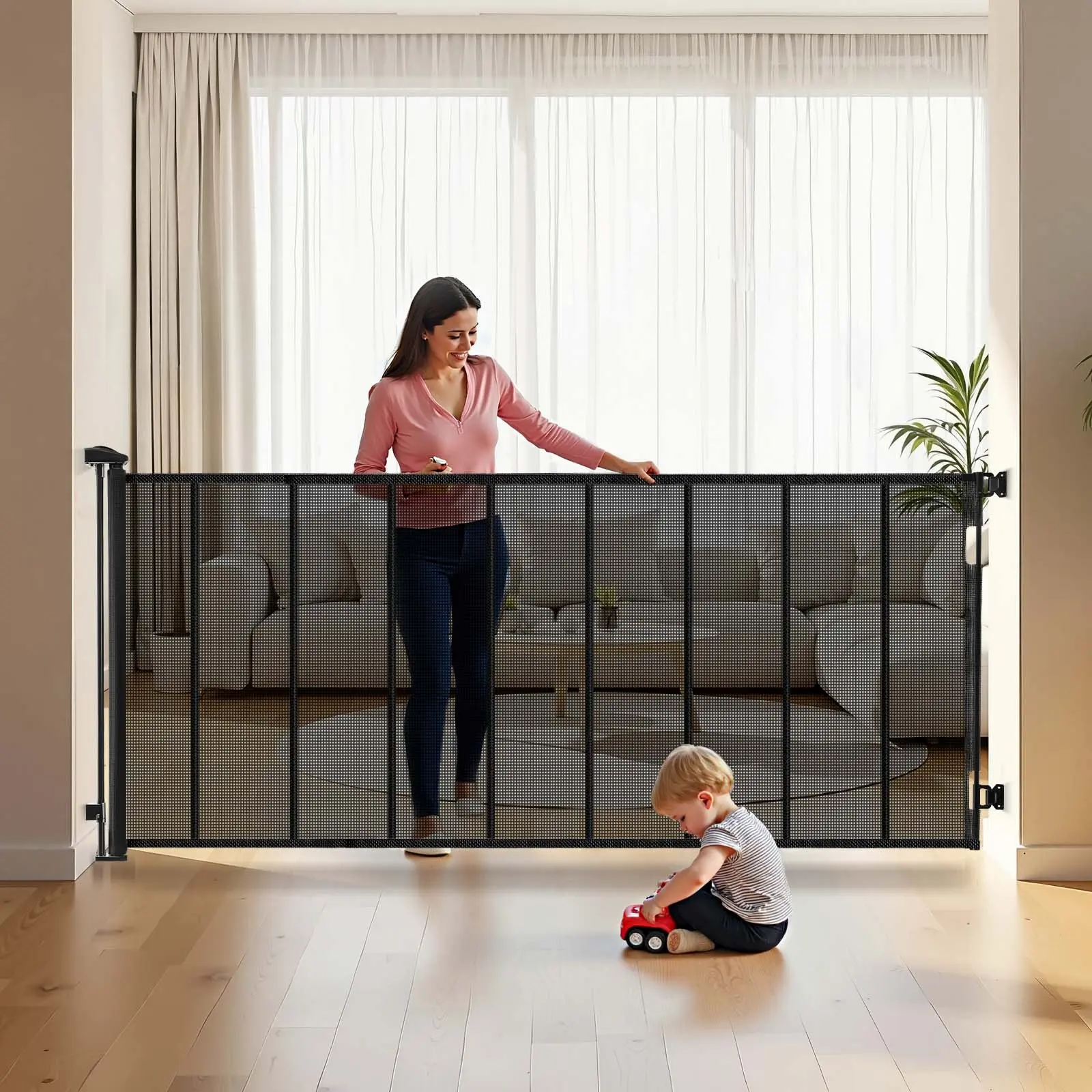 VEVOR Retractable Baby Gate - 39 in Tall, Extends to 163.3 in Extra Wide, with Reinforced Fiberglass Strips, Mesh Design Prevents Crawling Through, for Decks, Doorways, Indoor Use, Black, Reinforced Strips, 163.3 Inch