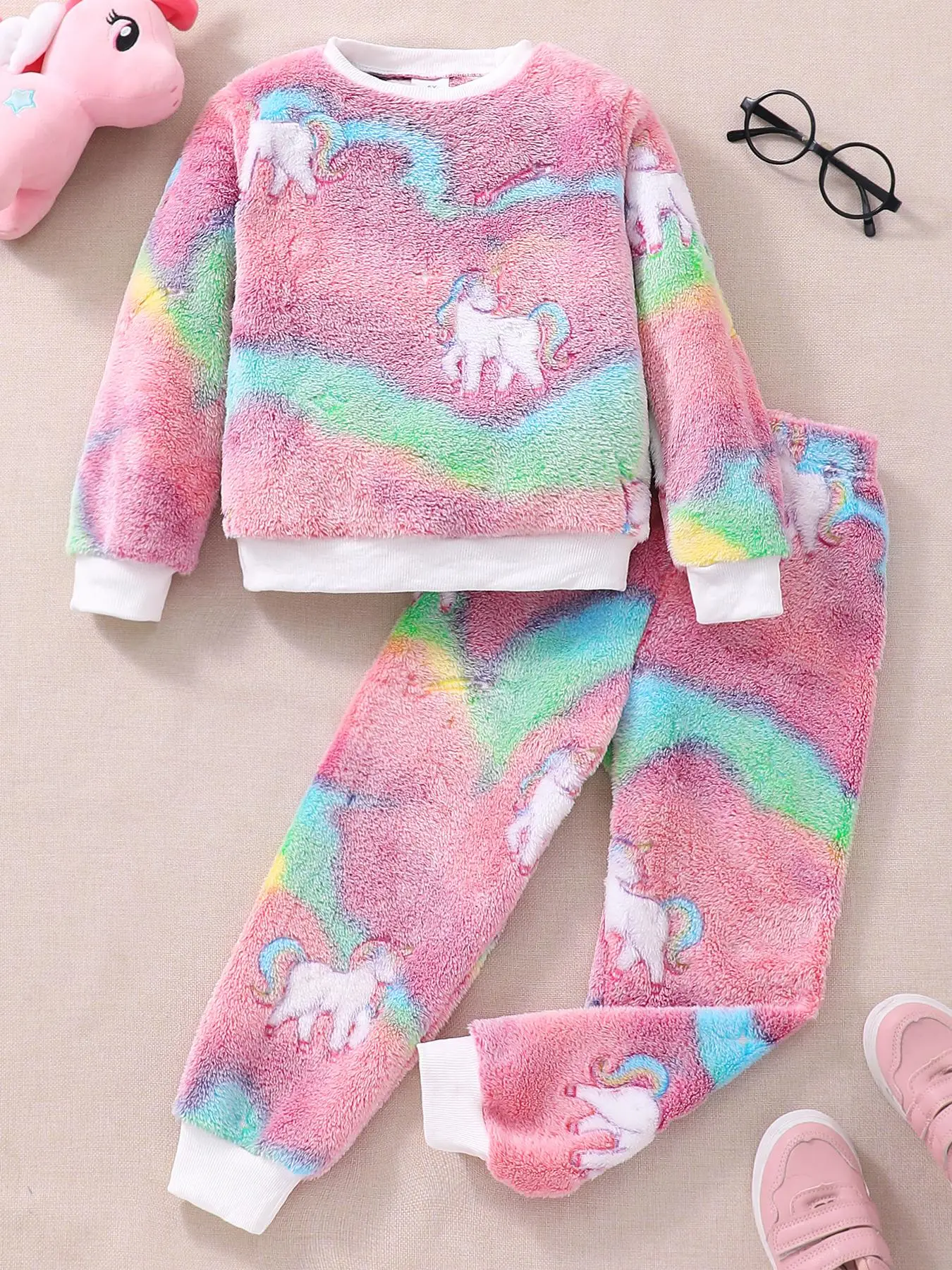 Girl's Two-piece Set Cartoon Unicorn Print Sweatshirt & Pants Plush Set, Casual Long Sleeve Round Neck Pullover & Long Trousers, Kids Fall & Winter Cl