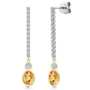 Gem Stone King 14K Two Tone Gold Yellow Citrine and White Moissanite and Lab Grown Diamond Dangle Earrings for Women | 2.13 Cttw | Gemstone November Birthstone | Oval Checkerboard 7X5MM