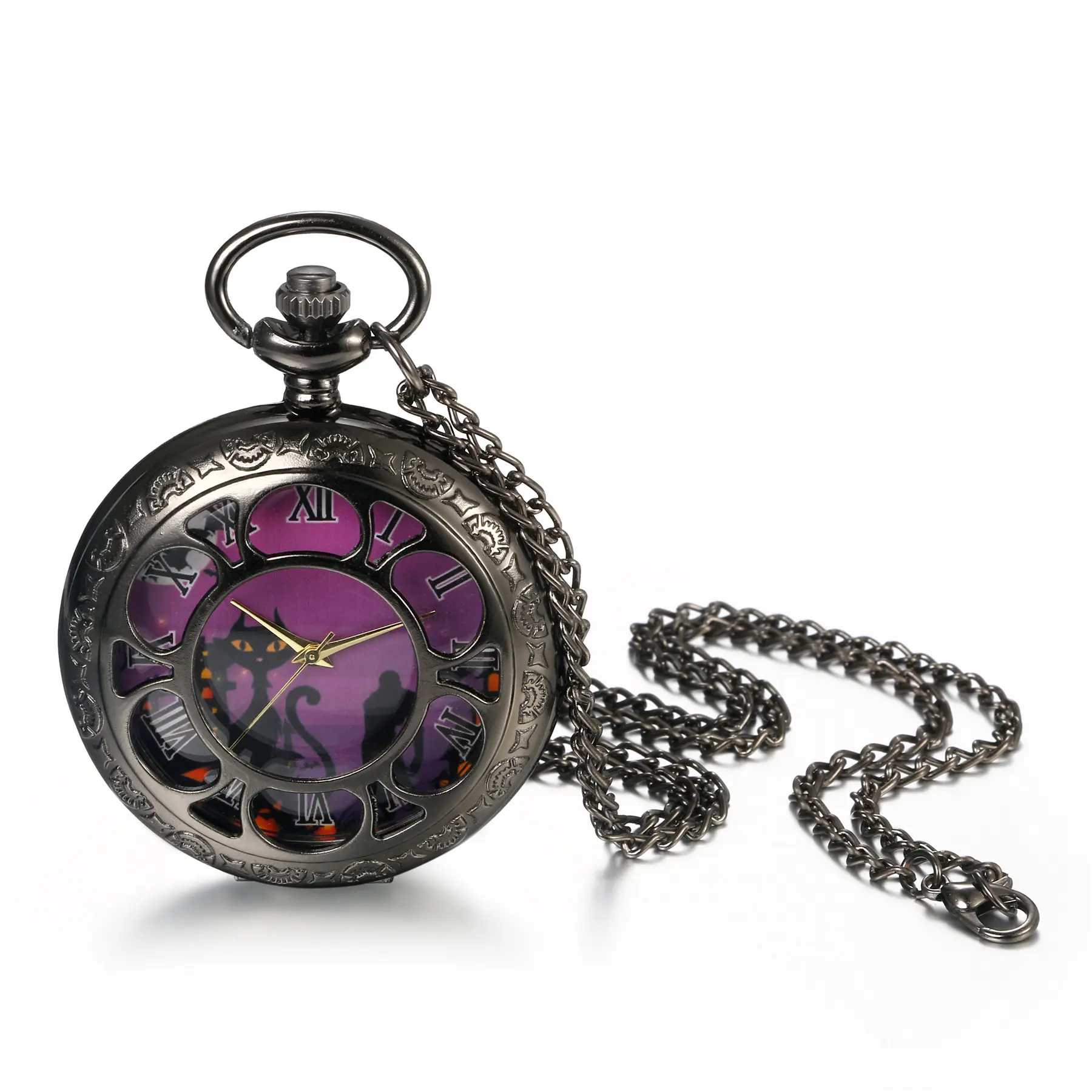 OIDEA Gothic Skeleton Chains Pocket & Fob Watch, Bat & Cat Alloy Necklace with Round Roman Dial, Splash-Proof for Halloween, Chains Pocket & Fob Watches, Lightweight, Openwork Frame, Pocket Watch