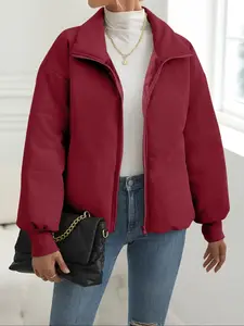 Women’s plain funnel-neck zip-up puffer coat, casual fashion drop-shoulder long-sleeve coat for daily outdoor wear, women’s winter clothing