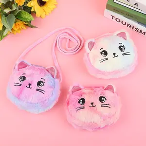 Cute Plush Crossbody Bag for Kids, Cartoon Cat Design Single Shoulder Bag, Adorable Bunny Fur Tie-Dye Small Satchel
