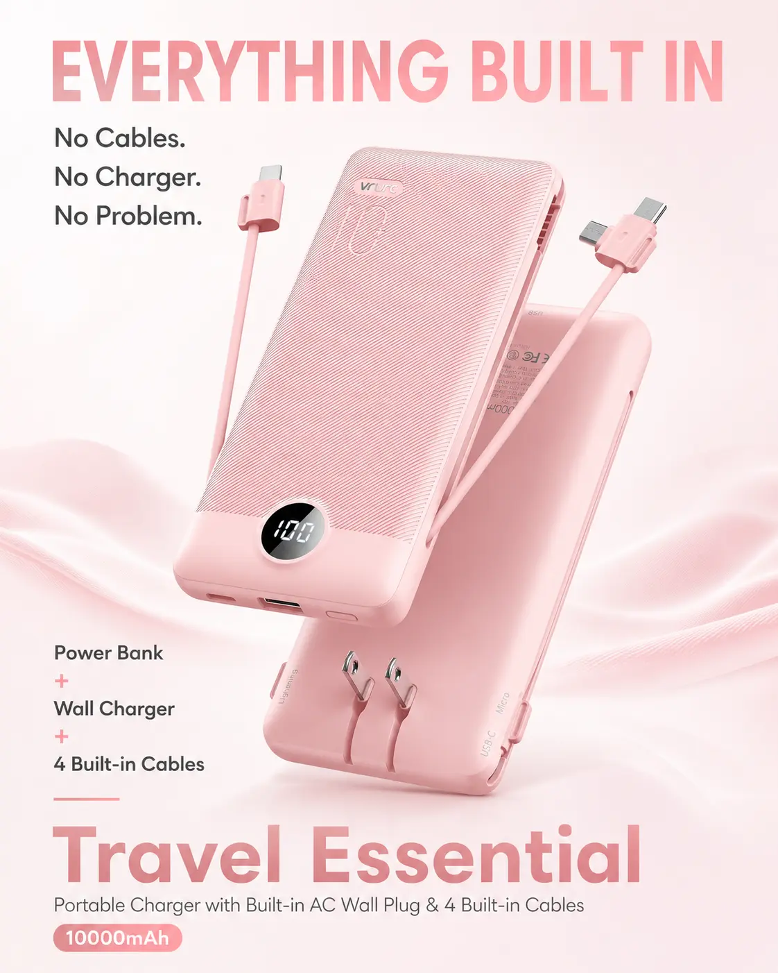 Travel Essential All-in-One Power Bank with Built-in AC Wall Plug & 4 Cables, 10000mAh Portable Charger for iPhone, Samsung & Android