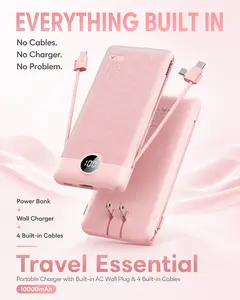 [Travel Essential] All-in-One Power Bank with Built-in AC Wall Plug & 4 Cables, 10000mAh Portable Charger for iPhone, Samsung & Android