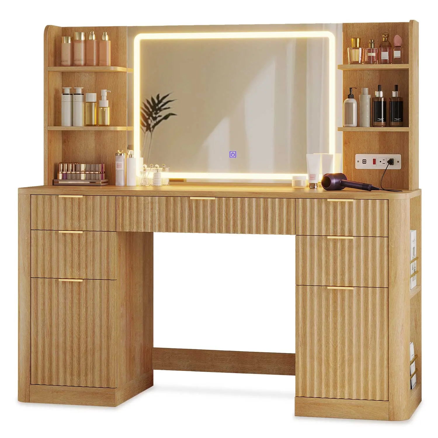 Modern 51.2-Inch Fluted Panel Makeup Vanity with Lighted Mirror, Engineered Oak Wood Indoor Furniture, Dresser Organization