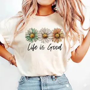 Unisex Heavy Cotton Life is Good Hand-Painted Triple Daisy Floral Graphic Tee