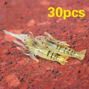 60/30 PCS Lifelike Soft Shrimp Lures, Bionic Silicone Prawn Baits, Striped Translucent Yellow Fishing Tackle, Freshwater & Saltwater Lures for Bass, Trout & Redfish