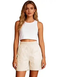 Women's Solid Color Loose Fit Work Pants, Casual Fashion Short Shorts with Pockets, Natural Waist Everyday Wear