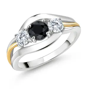 Gem Stone King 925 Silver and 10K Yellow Gold Black Sapphire and Moissanite 3-Stone Ring for Women | 1.15 Cttw | Round 5MM and 4MM | Two-Tone Split-Shank Wedding Anniversary Promise Ring