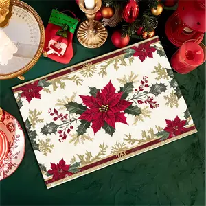 2D flat printing, 2-piece/4-piece/6-piece set of Christmas red flower patterned table mats, Coasters, protective tabletop, insulation mat, restaurant decoration, dining table decoration, holiday dinner supplies, suitable for home decoration