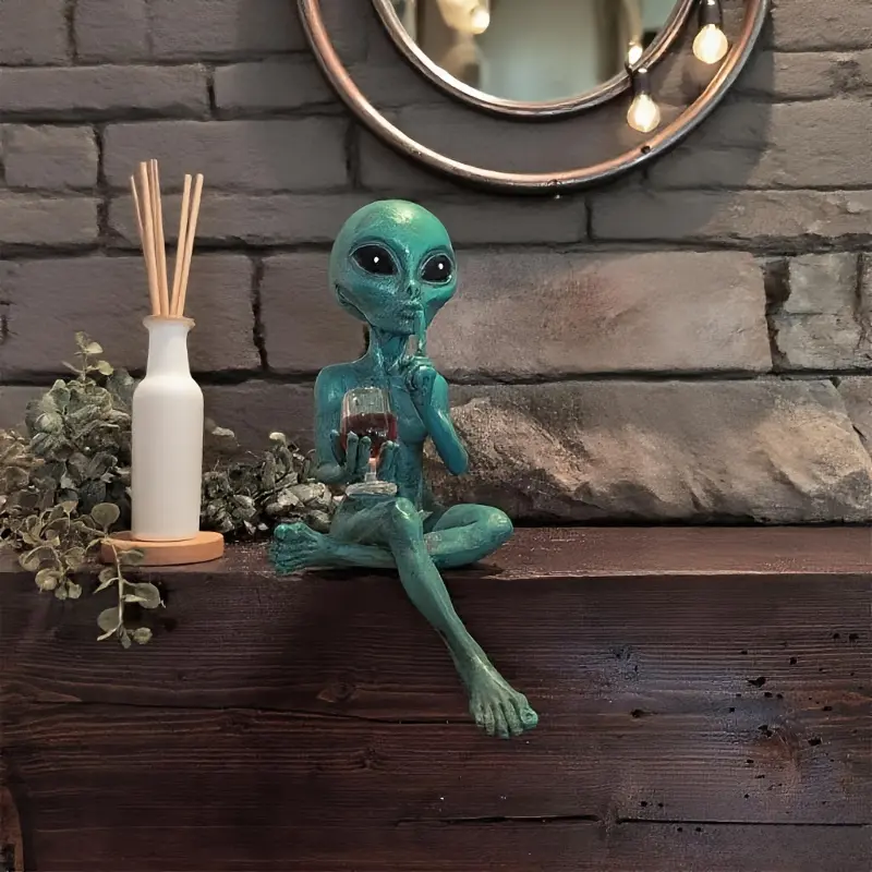 Alien Drinking Red Wine Statue - A masterpiece of space style decoration, suitable for desktops/bookshelves/wine cabinets, a must-have for science fiction fans | Alien Sculpture | Science Fiction Theme Decoration | Creative Gift Choice, Boo