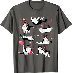 Retro Black Cat Playing Heart Valentines Day Cat Women Girls T-Shirt