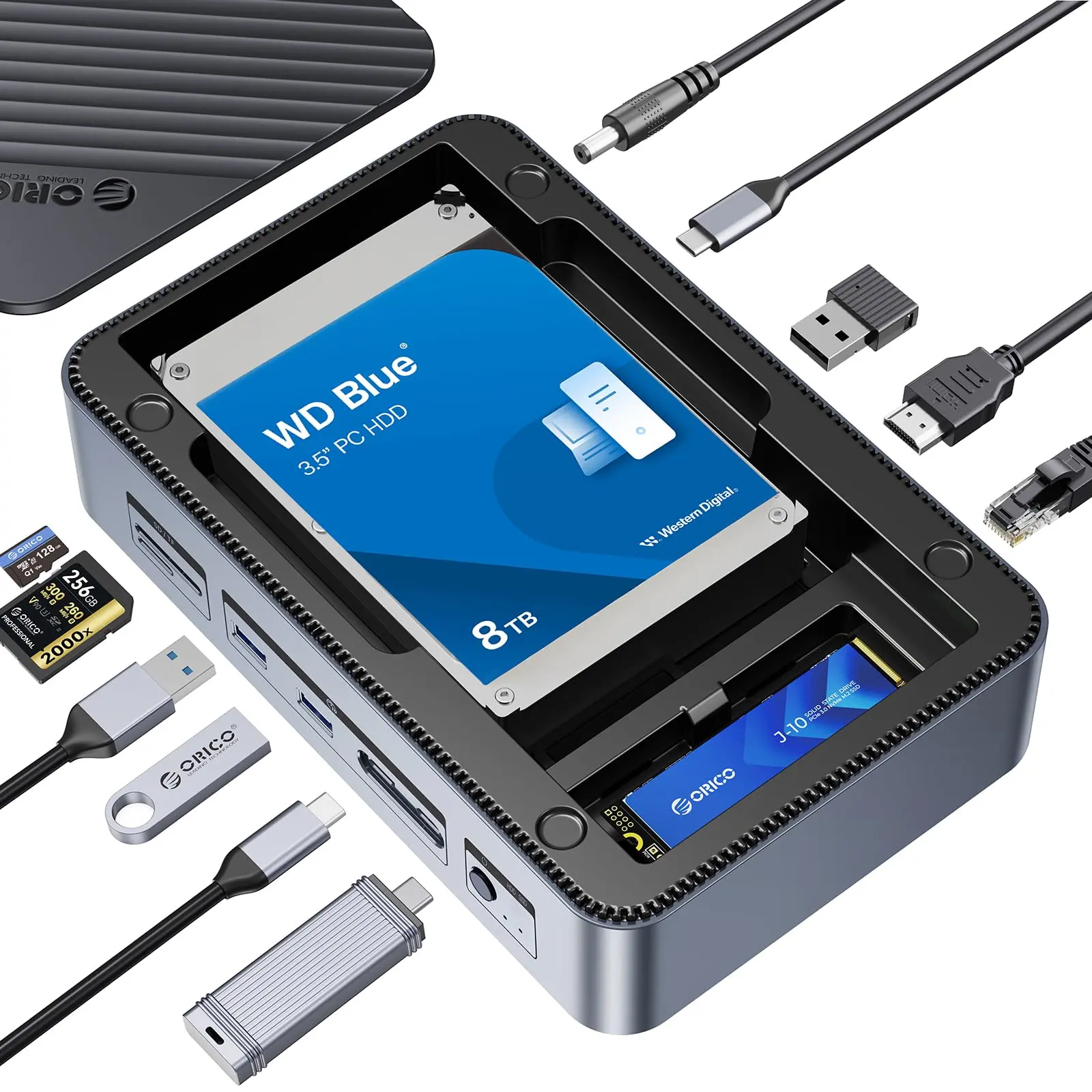 ORICO 12-in-1 USB C Hub with M.2 + SATA 2.5”/3.5” SSD/HDD Enclosure, USB C to HDMI Adapter 4K@60Hz,10Gbps USB A/USB C Data Ports, USB C Docking Station for Windows/Mac OS-D35M2