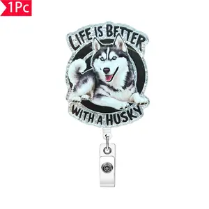 Husky Dog Design Retractable Badge Holder, Badge Reels Retractable, 1 Count Acrylic Name Badge Clip, Suitable for Nurses, Jobs, Volunteers, Office Workers
