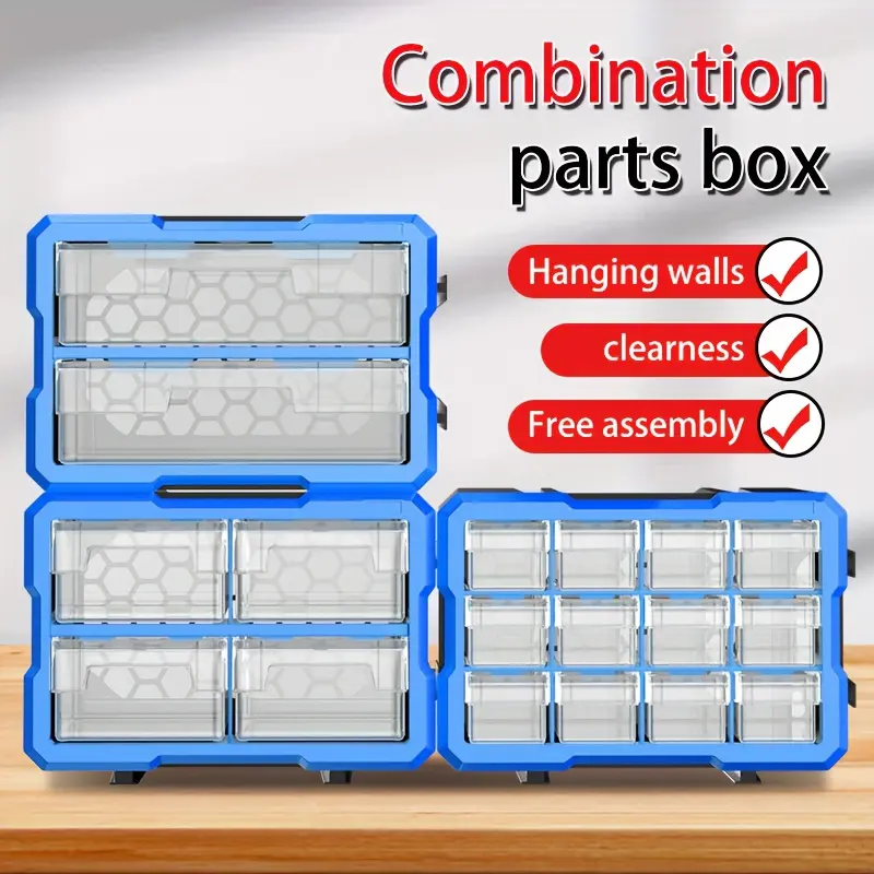 Stackable Plastic Storage Containers in Blue, Red, And Orange, Featuring Removable Dividers, Sturdy Construction, And Easy Access, Ideal for Organizing Parts, Screws, And Hardware in Your Garage