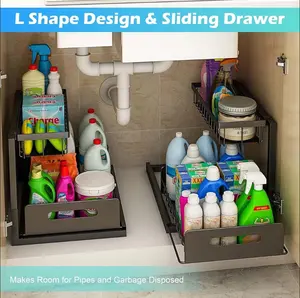 2 Pcs Under Sink Organizer L-Shape 2-Layer Metal Slide-Out Storage Rack Cabinet Snack Drawer kitchen organizer Spice rack Dormitory Dining Room Bathroom Organizing Accessories Mother's Gift.