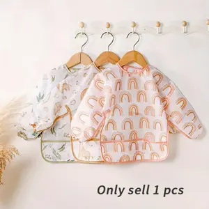 Waterproof Adjustable Long Sleeve Bib, 1 Count Cute Washable Feeding Bib, Soft Toddler Bibs for 6-24 Months, Baby Essentials, Adjustable Bib Straps, Newborn