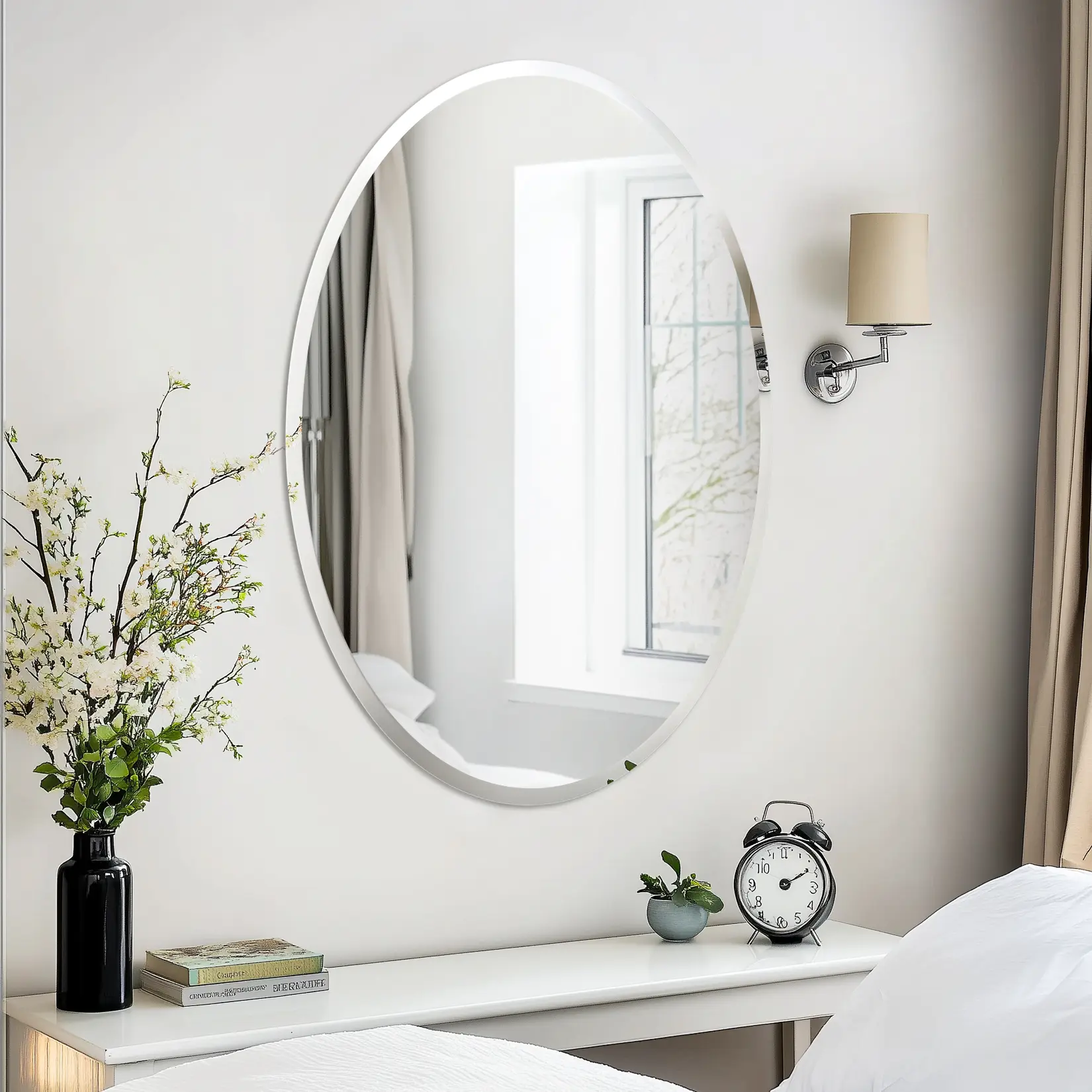 Frameless Oval Silver Bathroom Vanity Glass Mirror - Light Reflection, Minimalist Decorative Accent Interior Mirror for Home Improvement Bathroom Fixtures