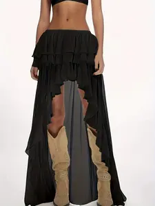Boho Style Asymmetrical Long Dress, Layered Ruffle Hem Design, Perfect for Western Dance Performances & Party Wear, Dance Skirt