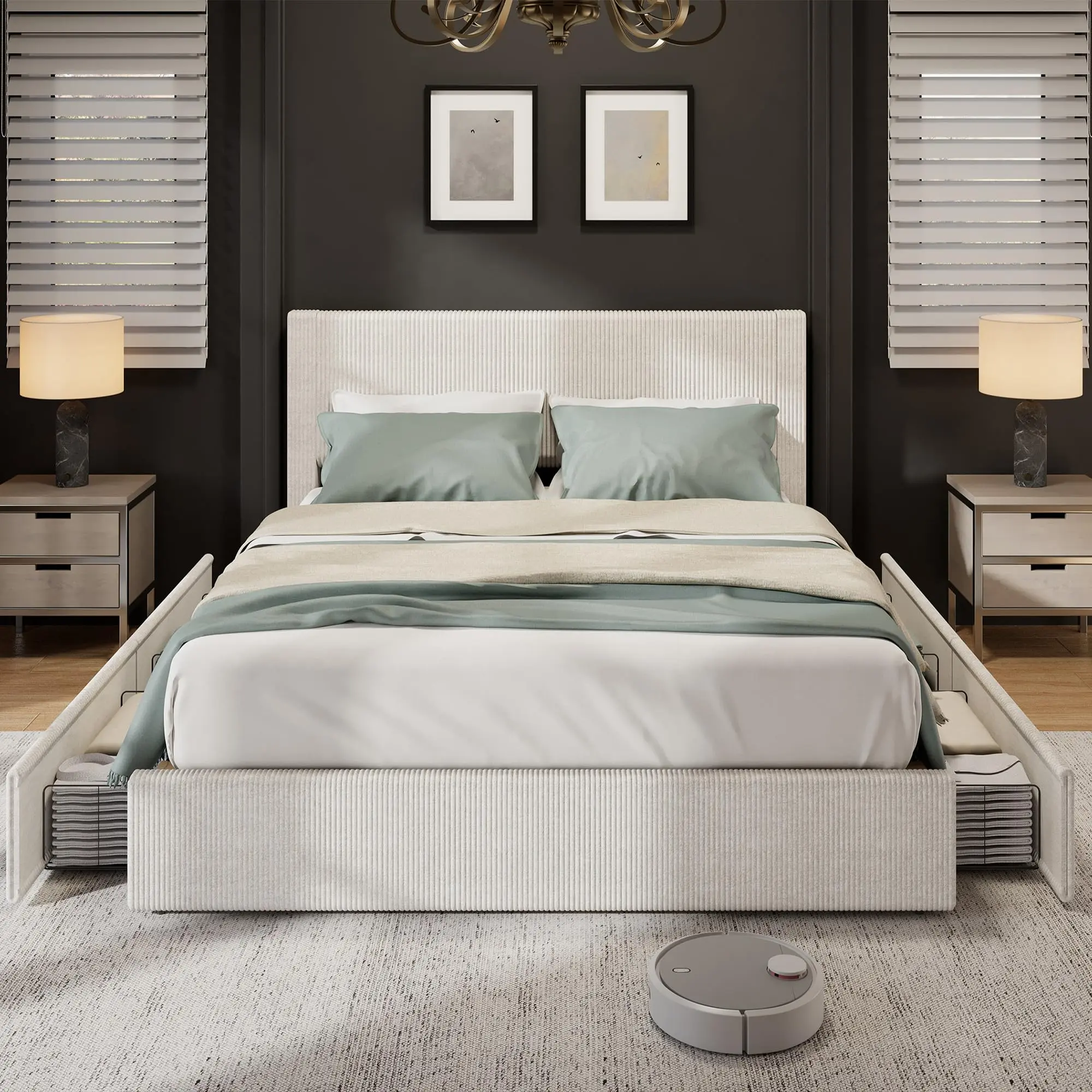 Queen Size Platform Bed with 4 Storage Drawers, Upholstered Corduroy Channel Tufted Headboard Bed Frame with Strong Wooden Slat Support, Beige