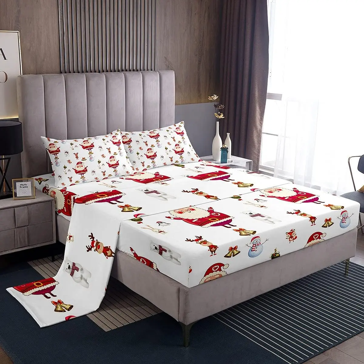 Christmas Bedding Complete Sheet Set - Multi-Size Microfiber with Breathable Softness, Character Prints (Snowman, Santa Claus, Little Bear, Rabbit), Christmas Bells Design, and Pillowcase for Festive Look
