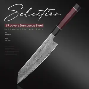 FINDKING AUS-10 67 Layers Damascus Steel, 9 Inch Kiritsuke Knife, Japanese Style Knife, Kitchen Chef Knife, Razor-Sharp Blade, Ebony Solid Wood & Rosewood Wood Handle,Red Samurai Series, Cutting for Meat,Vegetable,Fruit ,Wooden Grip
