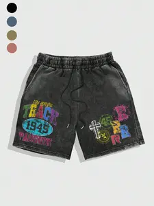 Men's Distressed Vintage Track 1945 Graphic Fitted Sweat Shorts, Colorful Graffiti and Sun Cross Detail, Soft Cotton Blend Fabric for Casual and Festivals, Casual Athletic Shorts, Casual Comfy Shorts, Graffiti Print Shorts