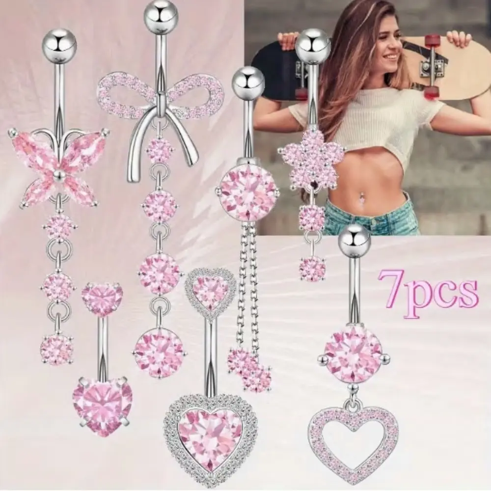 7pcs Pink 14G Surgical Stainl Steel Dangle Belly Button Rings- Surgical Stainless Steel Dangle Belly Piercing Jewelry with Bow, Belly Button Rings Butterfly, Piercing Jewelry Holiday Party Vacation Gift summerwins