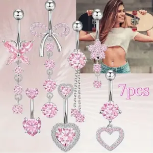 7pcs Pink 14G Surgical Stainl Steel Dangle Belly Button Rings- Surgical Stainless Steel Dangle Belly Piercing Jewelry with Bow, Belly Button Rings Butterfly, Piercing Jewelry Holiday Party Vacation Gift