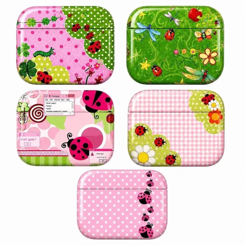 Floral Ladybug Protective AirPod Shell Case, Cute Ladybug Earphone Cover, Unique Gift for Her, Trendy Gift for Music Lovers