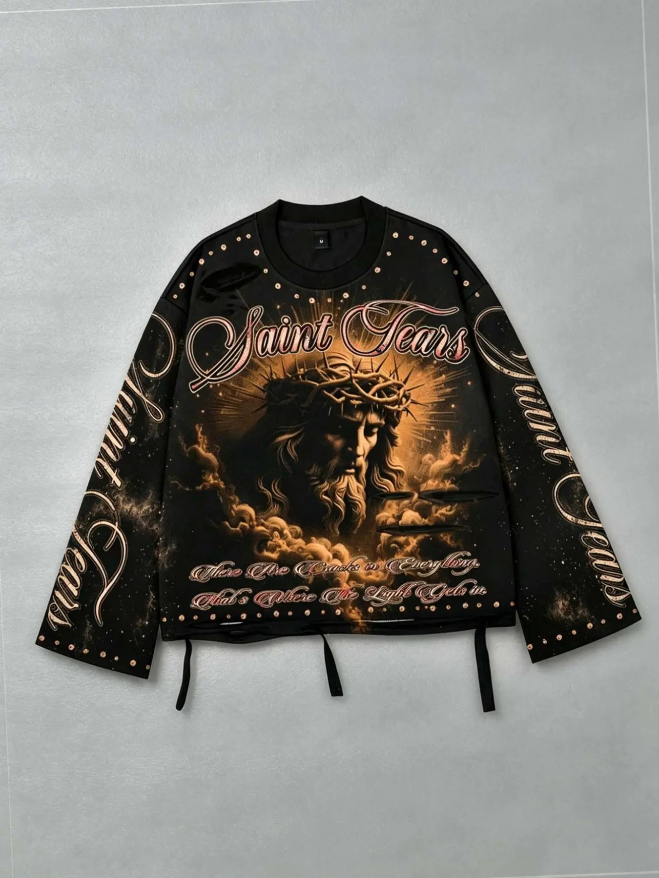 Retro-style Jesus Print Men's Long Sleeve T-Shirt Hoodie, Streetwear Brand Fashion Long Sleeve Shirt Flared Hem, Ripped Hem Design, Unisex Loose Fit Spring/Autumn 2026 New Arrivals in American Vintage Jesus Religious Theme
