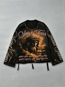 Retro-style Jesus Print Men's Long Sleeve T-Shirt Hoodie, Streetwear Brand Long Sleeve Shirt Flared Hem, Ripped Hem Design, Unisex Loose Fit Spring/Autumn 2026 New Arrivals in American Vintage Jesus Religious Theme
